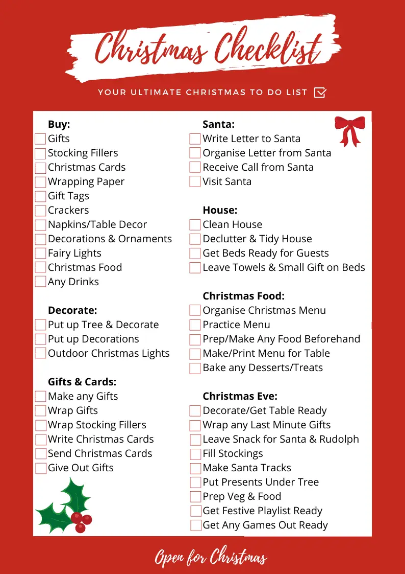 Free Printable Christmas Checklist to Download Now Open for Christmas