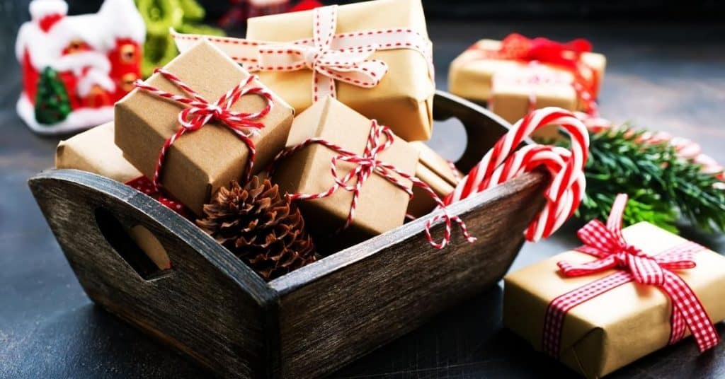 Wooden Christmas hamper gift basket with presents inside