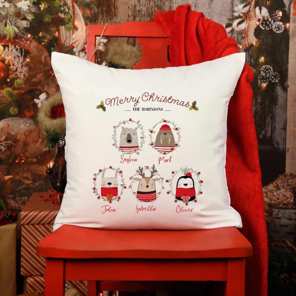 Personalised Christmas Cushion Cover UK with Family Name and Animals on a Red Festive Chair - Open for Christmas