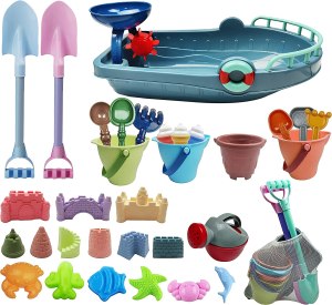 A set of colorful and durable sand toys by IOKUKI, featuring long shovels with vibrant handles, perfect for beach and sand play.